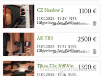  Tikka T3x 1300€/ AK TR3 2500€/ CZ Shadow 2 1100€/ Mosin Nagant 1939 500€