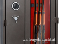 Exklusiver Waffenschrank mit Panzerglas in dunkelgrau mit roter Innenauskleidung ideal für Waffensammler und Waffenhändler