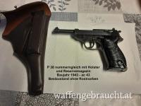 Pistole P 38 Stempelung ac 43 Baujahr 1943 mit Pistolentasche und Reservemagazin