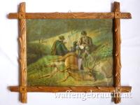 Altes Bild, Druck, Jäger mit Jagdhunden und erlegtem Rothirsch 