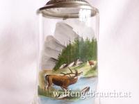 Glaskrug mit Zinndeckel, Rothirschmotiv, 20 cm